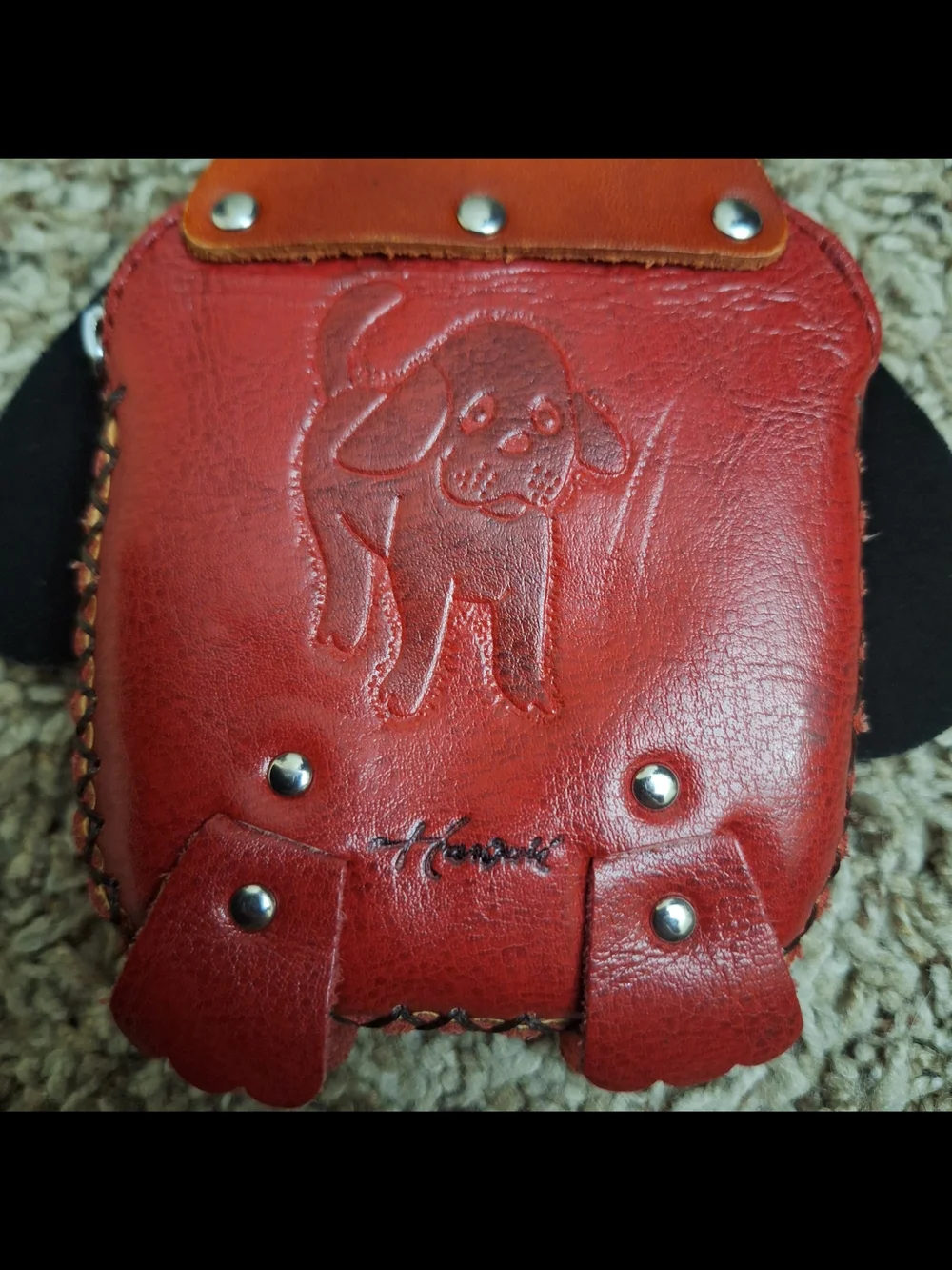 Vintage Genuine Leather Hawaii Dog Keychain Coin Pouch Charm - Burgundy